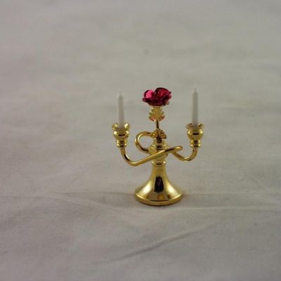 Kandelaar 2-armig gedraaid met roos miniatuur 3.5cmH