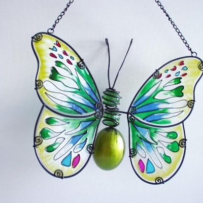 Raamhanger glas vlinder groen 23cmBx18cmH