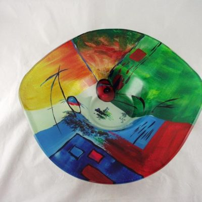 Schaal glas hoed multicolor 46x46x10cmH