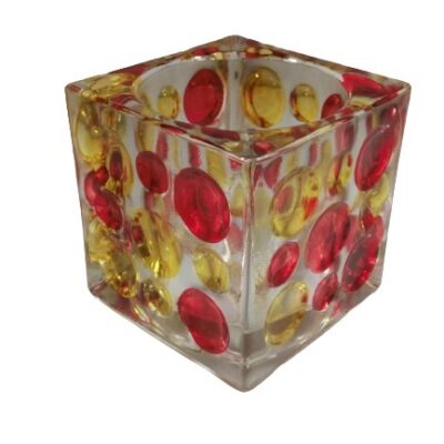 Sfeerlicht glas vierkant rood/geel 10cm